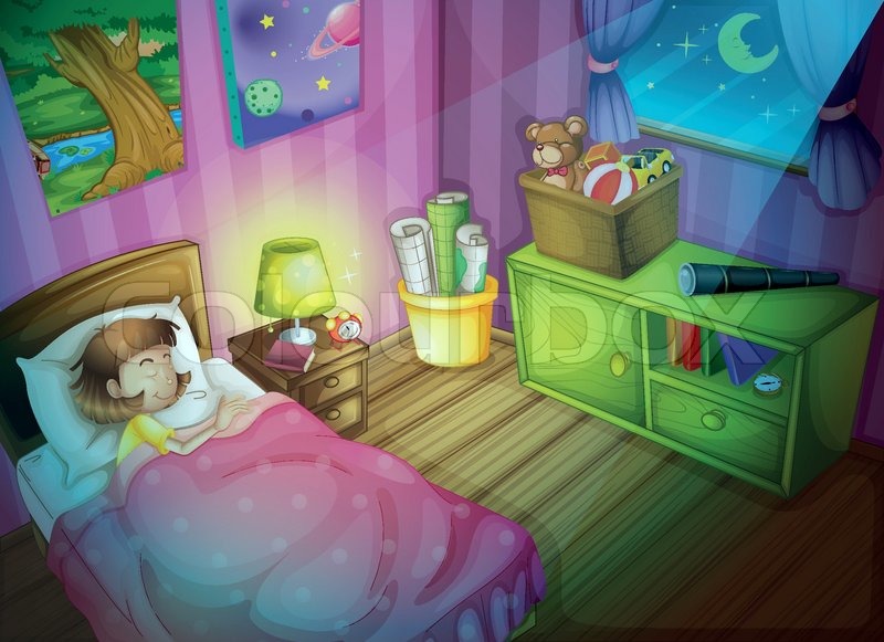 Girl sleepin in bedroom at night Stock vector Colourbox