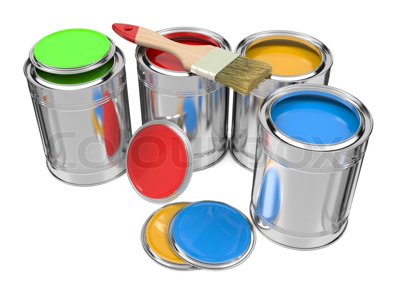 group of colorful paint cans with paintbrush stock photo colourbox