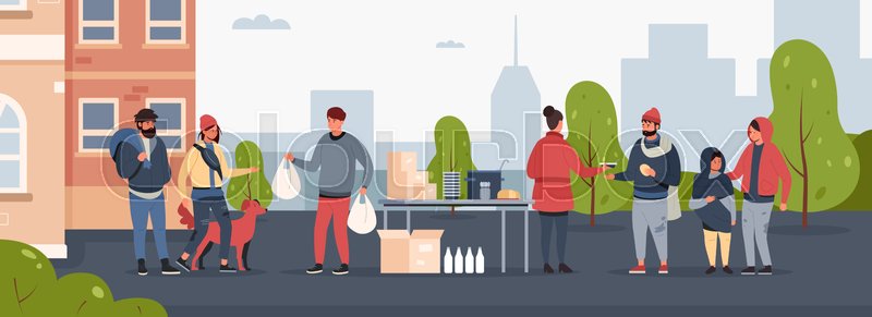 Charity for homeless. Cartoon humanitarian help and support for poor people, social charity and volunteer community concept. Vector refectory illustration | Stock vector | Colourbox Charity for homeless. Cartoon humanitarian help and support for poor people, social charity and volunteer community concept. Vector refectory illustration | Stock vector | Colourbox