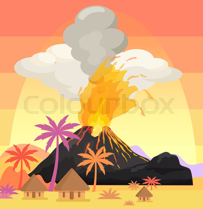 Volcanic eruption mountain with magma in exotic village. Volcano with lava on tropical island | Stock vector | Colourbox Volcanic eruption mountain with magma in exotic village. Volcano with lava on tropical island | Stock vector | Colourbox