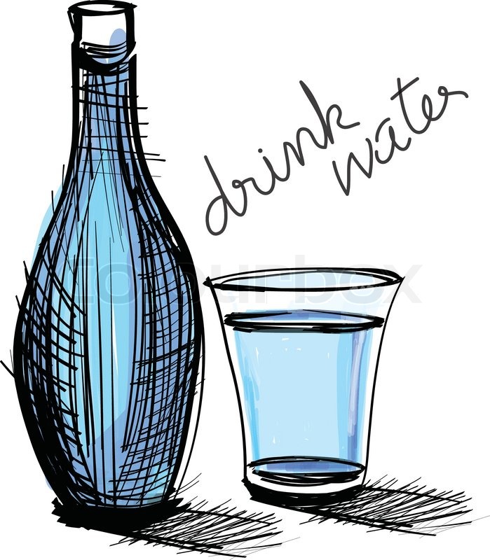 Water drink in bottle and glass rough drawing Stock