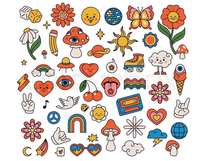 Groovy elements collection flowers mushroom and rainbow | Stock vector |  Colourbox