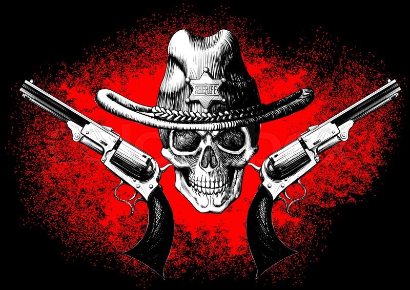 skull wearing a cowboy hat with two guns on the black and skull wearing a cowboy hat with two guns on the black and
