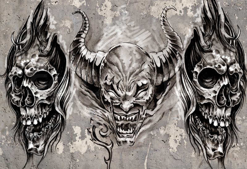 Tattoo-Kunst , 3 Dämonen über grauen | Stock Bild | Colourbox
