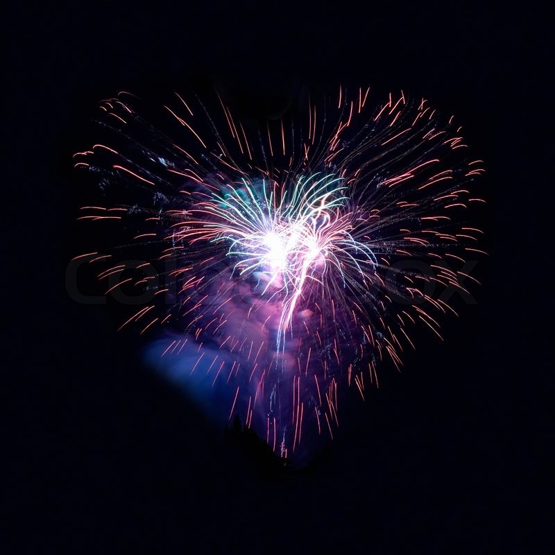 Heart fireworks on the black sky Stock image Colourbox