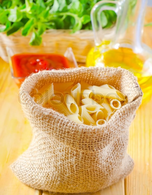 Closeup of assorted pasta in jute