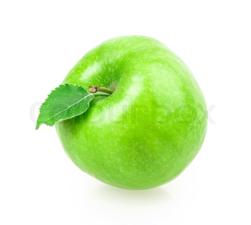 Single Green Apple Single green apple with a leaf isolated ... | Stock image | Colourbox