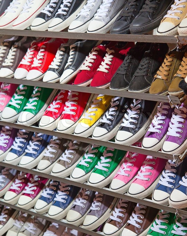 Lots of sneaker shoes on sale | Stock Photo | Colourbox