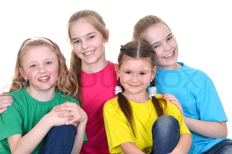 Group funny girls in colorful tshirts Stock image Colourbox