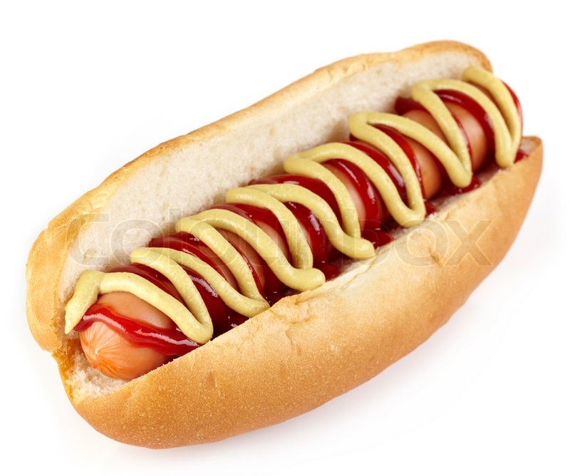 Hot dog with ketchup and mustard on | Stock image | Colourbox