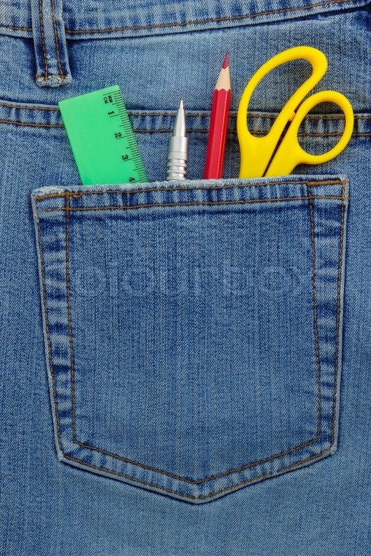 Pen and pencil in jeans packet Stock image Colourbox
