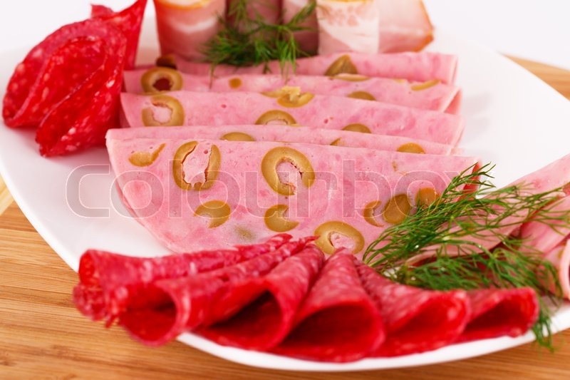 Salami, mortadella and bacon Stock Photo Colourbox