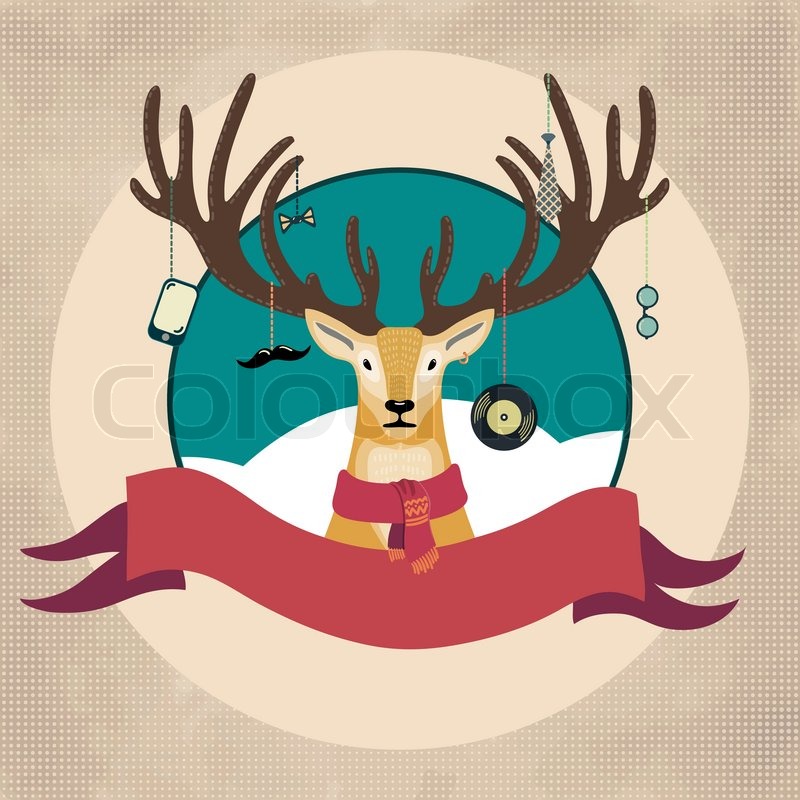 hand drawn vector illustration of deer hipster in scarf merry christmas hipster