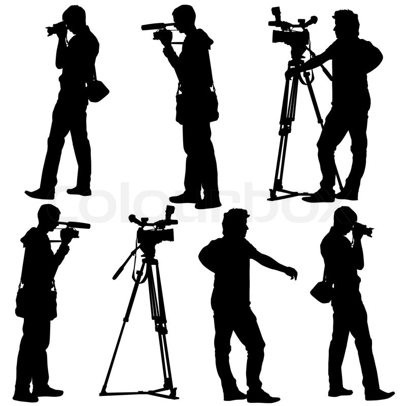 Cameraman with video camera. Silhouettes on white background. Vector