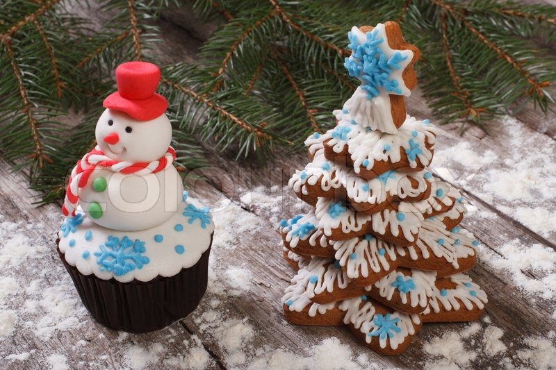 muffin as a snowman and christmas tree cookies stock muffin as a snowman and christmas tree cookies stock