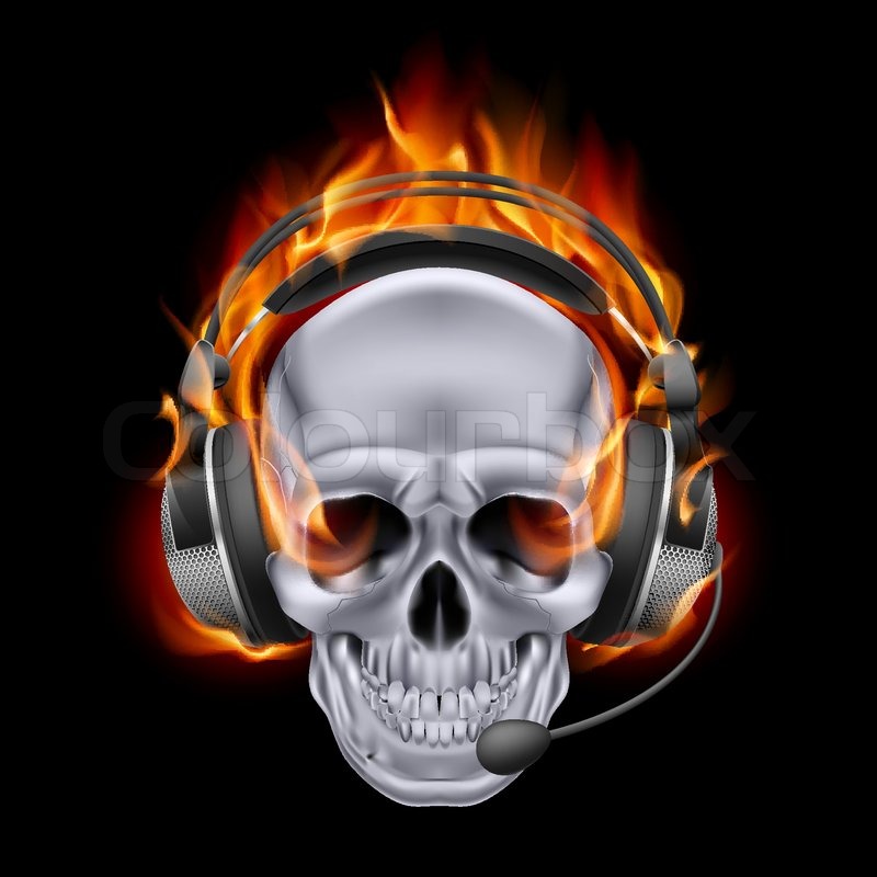 Illustration of chrome fiery skull in headphones on black background
