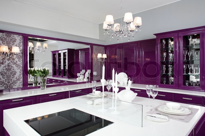 Modern Furniture Kitchen luxury purple kitchen interior with modern furniture | stock photo Modern Furniture Kitchen luxury purple kitchen interior with modern furniture | stock photo