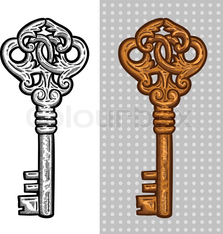 Vintage old key. Engraving retro illustration. Isolated object. Stock