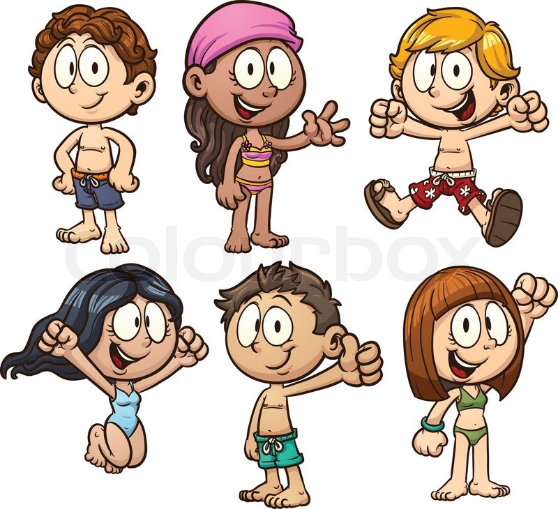 Cute cartoon kids wearing swimsuit. Vector clip art illustration with