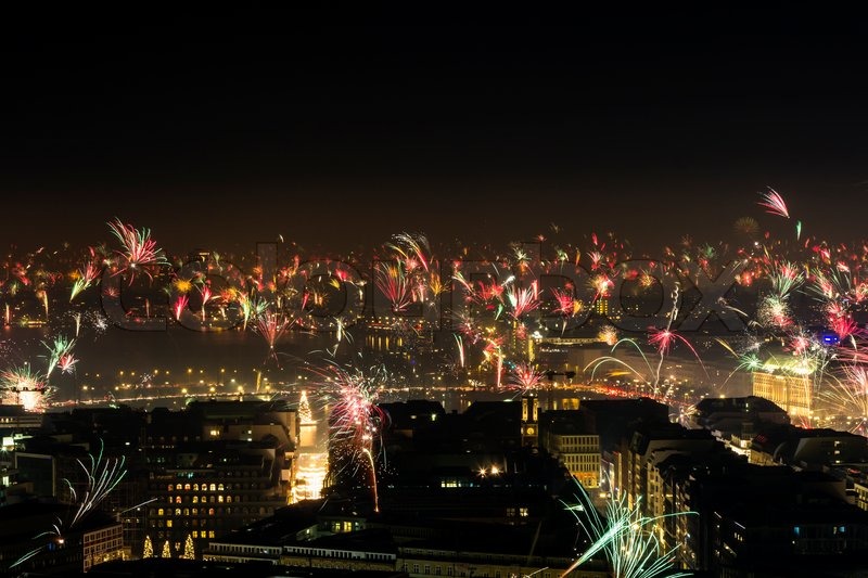 New Year's Eve Fire Works over Downtown Stock image Colourbox