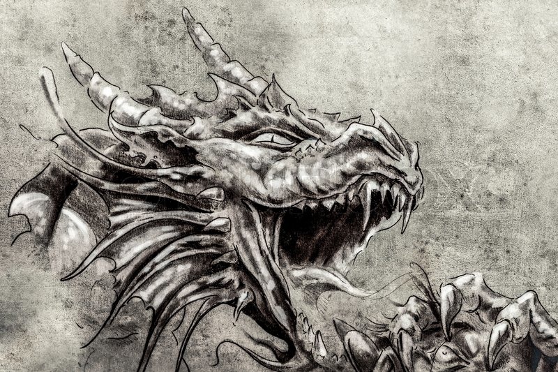 Tattoo-Kunst, Skizze eines mittelalterlichen Drachen Zorn 