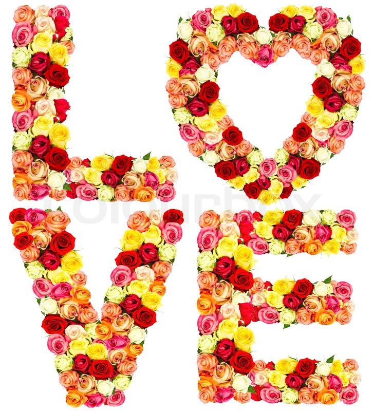Liebe, Rosen Blume Buchstaben isoliert Stock Bild Colourbox