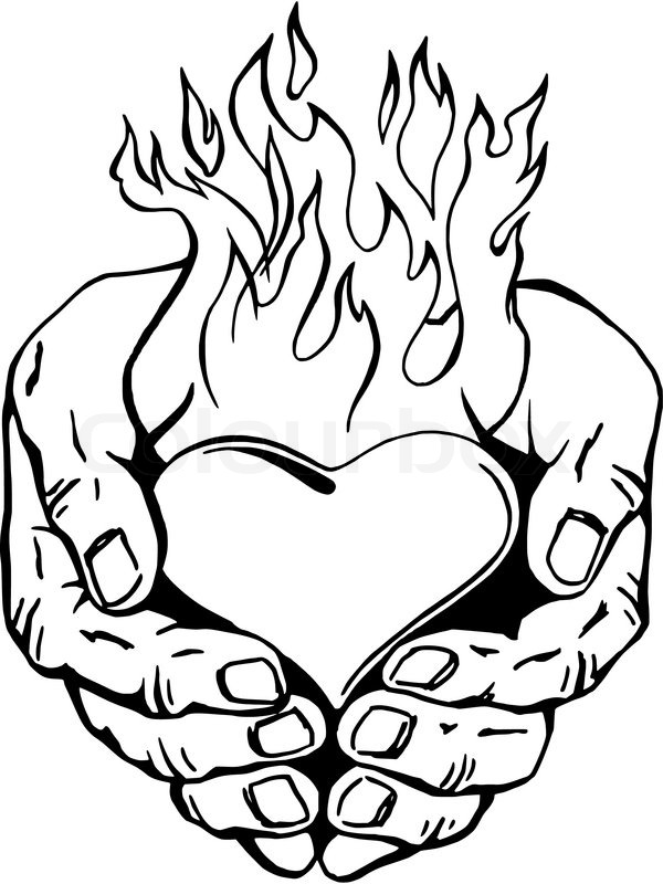 Hand drawn, vector, sketch illustration of flaming heart in her hands