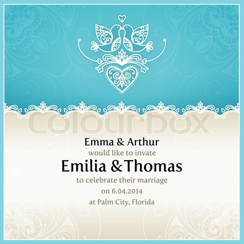 Blue wedding invitation design template with doves hearts