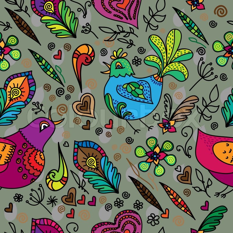 Wallpaper With Birds seamless flower pattern with bird and hearts. vector background Wallpaper With Birds seamless flower pattern with bird and hearts. vector background
