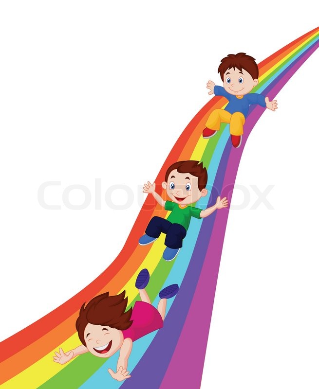 Vector Illustration Of Kids Cartoon Sliding Down A Rainbow Vector Illustration Of Kids Cartoon Sliding Down A Rainbow