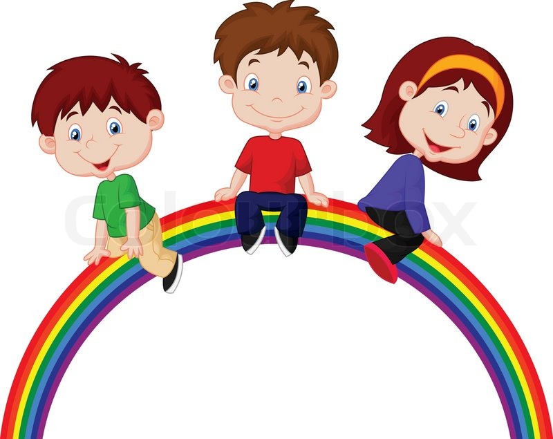 vector illustration of cartoon children sitting on rainbow stock