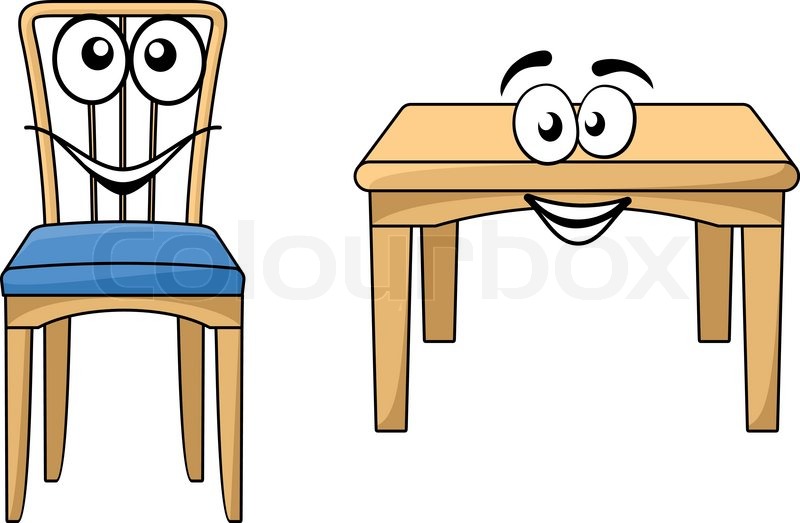 Cute cartoon wooden furniture with a happy smiling table 