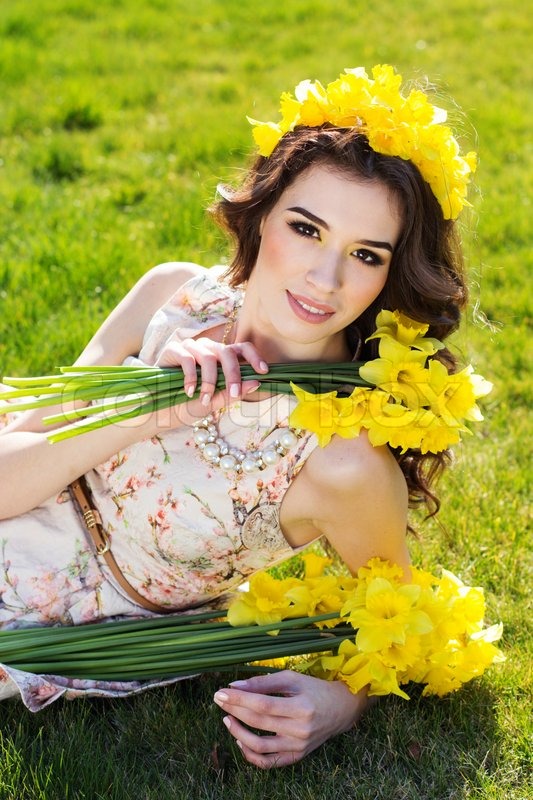 happy girl with flowers