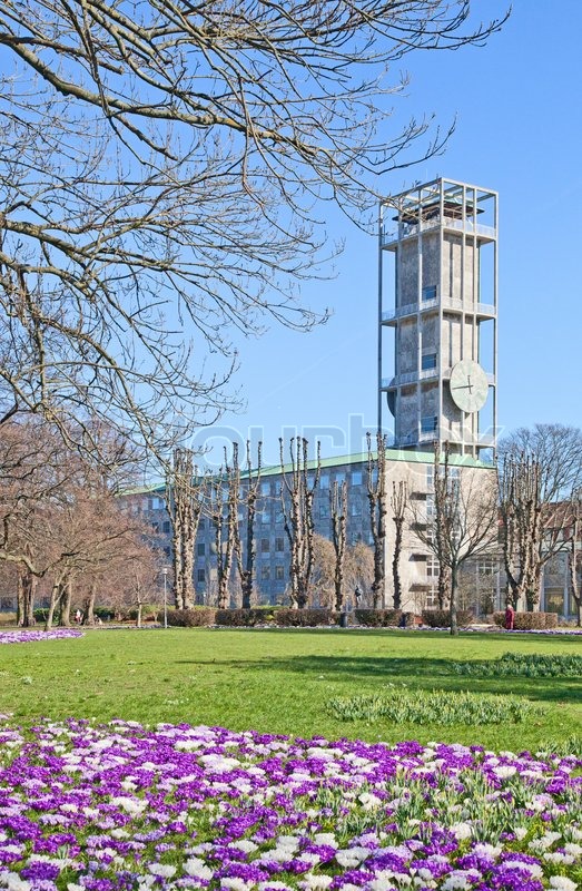 Aarhus Rådhus set med krokus i ... | Stock foto | Colourbox