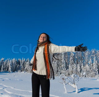 jolly winter girl and sparkling snowy trees stock photo white feather christmas tree suppliers